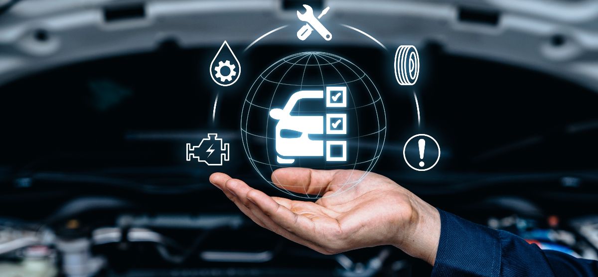Open car bonnet with icons with mechanics hand and car icons.